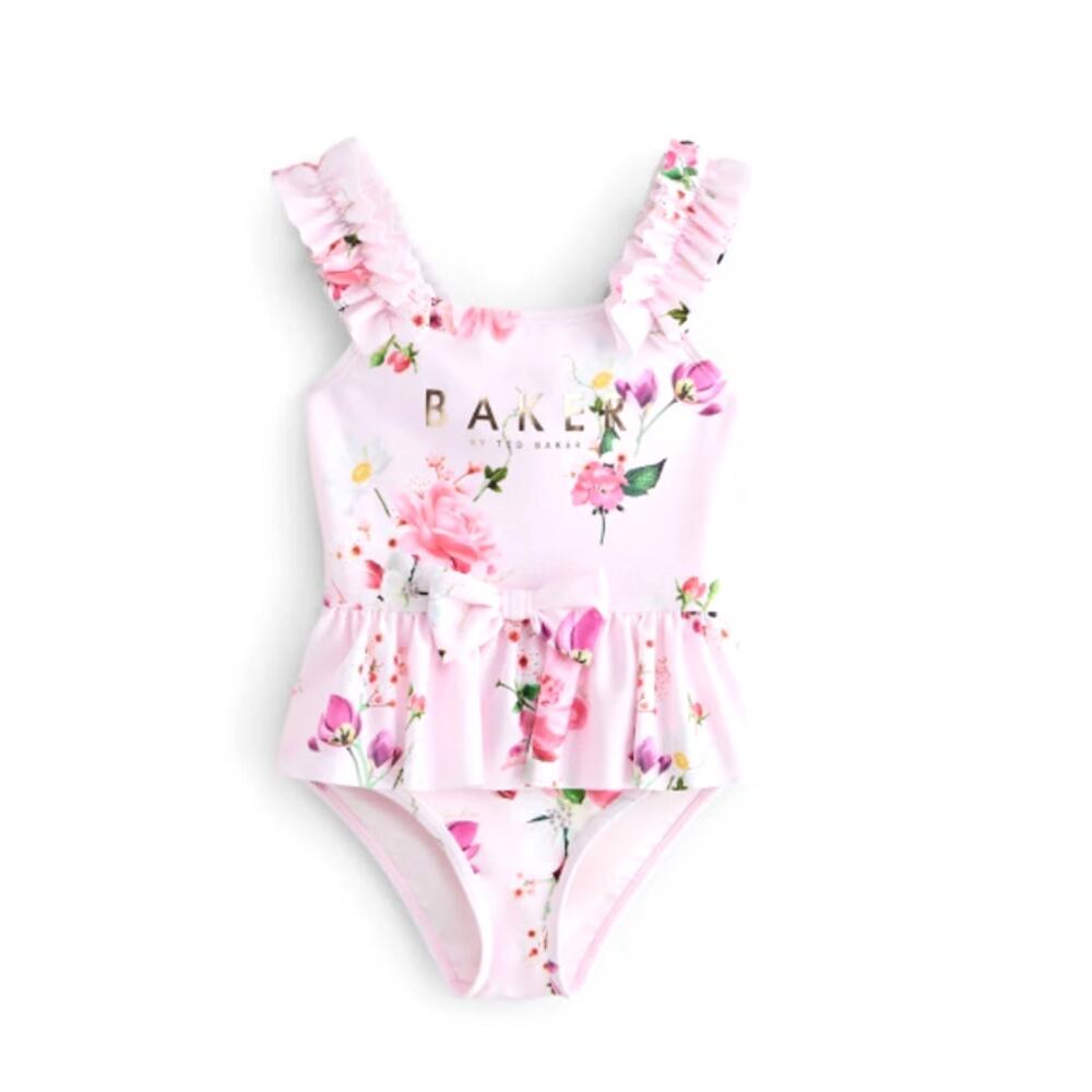 Baker by Ted Baker Baby Pink Floral Frill Peplum Swimsuit Size 1.5-2 Years